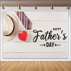 Lofaris Happy Fathers Day Photography Backdrop with Hat, Tie and Red Heart, White Wood Background for Celebration Party Decor