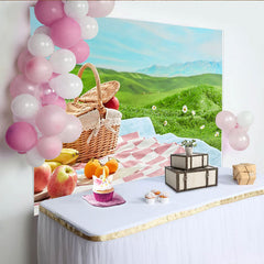 Lofaris Charming Picnic Photography Backdrop with Wicker Basket and Fruits, Lush Green Hills Studio Outdoor Photoshoot