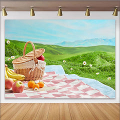 Lofaris Charming Picnic Photography Backdrop with Wicker Basket and Fruits, Lush Green Hills Studio Outdoor Photoshoot