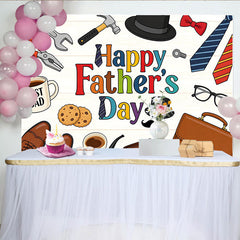 Lofaris Colorful Happy Fathers Day Backdrop with Tools, Ties, and Best Dad Coffee Mug, Wood Texture Background for Party Decor