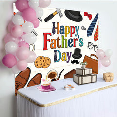 Lofaris Colorful Happy Fathers Day Backdrop with Tools, Ties, and Best Dad Coffee Mug, Wood Texture Background for Party Decor