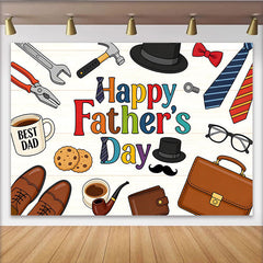 Lofaris Colorful Happy Fathers Day Backdrop with Tools, Ties, and Best Dad Coffee Mug, Wood Texture Background for Party Decor