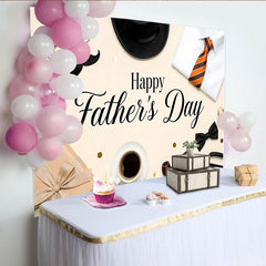 Lofaris Happy Fathers Day Backdrop with Top Hat, Striped Tie, and Gift Box, Elegant Background for Celebration Party Decor