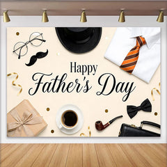 Lofaris Happy Fathers Day Backdrop with Top Hat, Striped Tie, and Gift Box, Elegant Background for Celebration Party Decor