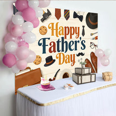 Lofaris Happy Fathers Day Backdrop with Ties, Tools, and Best Dad Coffee, Wood Texture Background for Celebration Party Decor