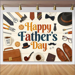 Lofaris Happy Fathers Day Backdrop with Ties, Tools, and Best Dad Coffee, Wood Texture Background for Celebration Party Decor