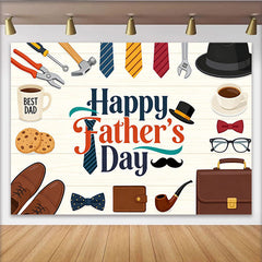 Lofaris Happy Father's Day Backdrop with Tools, Ties, and Coffee on Rustic Wood, Cartoon Style Party Decoration for Men