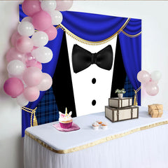Lofaris Elegant Royal Blue Tuxedo Photography Backdrop with Gold Trim and Black Bow Tie, Sophisticated Party Background for Event Decor