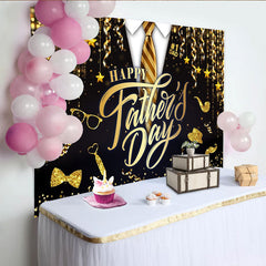 Lofaris Elegant Black and Gold Happy Fathers Day Backdrop with Suit and Tie, Sparkling Glitter Background for Dad's Celebration Party Decor