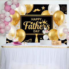 Lofaris Black and Gold Happy Father's Day Backdrop with Glitter Balloons and Tie, Elegant Party Decoration for Dad's Celebration