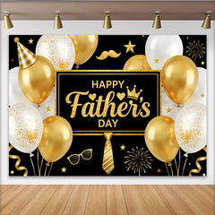 Lofaris Black and Gold Happy Father's Day Backdrop with Glitter Balloons and Tie, Elegant Party Decoration for Dad's Celebration