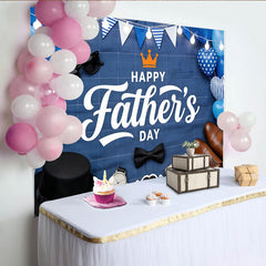 Lofaris Blue Plaid Father's Day Backdrop with Balloons and Men's Items, Photo Background for Dad's Celebration, Party Decoration