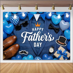Celebrate Happy Fathers Day Blue Plaid Backdrop with Suit and Balloons, Elegant Photo Background for Celebration and Party Decor