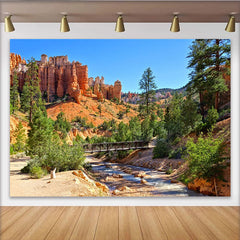 Lofaris Scenic Red Rock Canyon Natural Scenery Backdrop with Pine Trees, Vibrant Landscape Photography Background for Studio