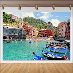 Lofaris Vibrant Mediterranean Coastal Town Photography Backdrop, Colorful Buildings and Turquoise Water Scenic Background