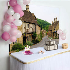 Lofaris Rustic Village Street Photography Backdrop with Stone Cottages and Greenery, European Town Road Background for Photoshoot