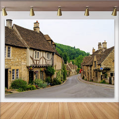 Lofaris Rustic Village Street Photography Backdrop with Stone Cottages and Greenery, European Town Road Background for Photoshoot