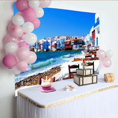 Lofaris Vibrant Mediterranean Coastal Village Photography Backdrop, Scenic Blue Sea Background for Travel Theme Party
