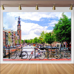 Lofaris Scenic Canal City Photography Backdrop with Bicycles, Vibrant European Street Scene Background for Studio Portrait