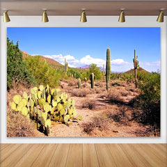 Lofaris Vibrant Desert Photography Backdrop with Saguaro Cacti and Blue Sky, Natural Landscape Background for Western Theme Photoshoot