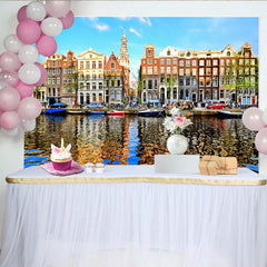 Lofaris Vibrant European Cityscape Photography Backdrop with Canal and Historic Buildings, Scenic Studio Background for Travel Photoshoot