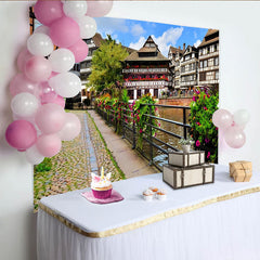 Lofaris Picturesque European Town Photography Backdrop with Canal and Colorful Flowers, Scenic Village Background for Studio Photoshoot