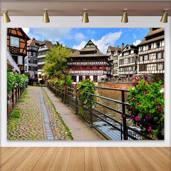 Lofaris Picturesque European Town Photography Backdrop with Canal and Colorful Flowers, Scenic Village Background for Studio Photoshoot