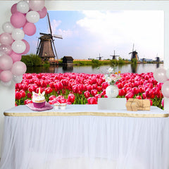Lofaris Vibrant Pink Tulip Field and Dutch Windmill Photography Backdrop, Scenic Spring Landscape Background for Studio Photoshoot