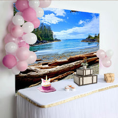 Lofaris Blue Ocean Beach Natural Scenery Photography Backdrop with Driftwood and Green Forest, Summer Vacation Studio Background for Photoshoot