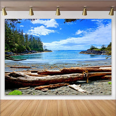 Lofaris Blue Ocean Beach Natural Scenery Photography Backdrop with Driftwood and Green Forest, Summer Vacation Studio Background for Photoshoot