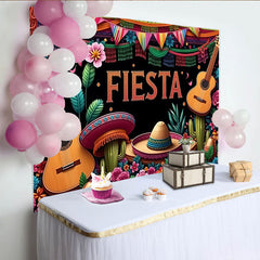 Lofaris Colorful Mexican Fiesta Backdrop with Guitars and Sombreros, Vibrant Party Background for Celebration Decor