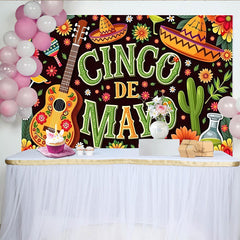 Lofaris Colorful Cinco de Mayo Photography Backdrop with Sombreros and Guitar, Vibrant Mexican Fiesta Background for Party Decoration