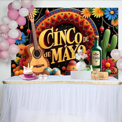 Lofaris Colorful Cinco de Mayo Backdrop with Guitar and Maracas, Festive Mexican Party Decoration for Fiesta
