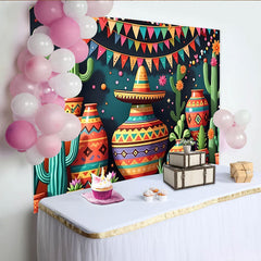 Lofaris Vibrant Mexican Fiesta Backdrop with Cacti and Sombrero, Colorful Pottery and Bunting Party Decor for Celebration Photography