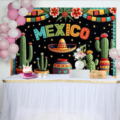 Lofaris Colorful Mexico Fiesta Backdrop with Cacti and Sombrero, Vibrant Party Decoration for Mexican Theme Celebration.