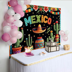 Lofaris Colorful Mexico Fiesta Backdrop with Cacti and Sombrero, Vibrant Party Decoration for Mexican Theme Celebration.