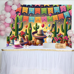 Lofaris Vibrant Mexican Fiesta Backdrop with Cacti and Sombrero, Colorful Balloons and Guitar Party Background
