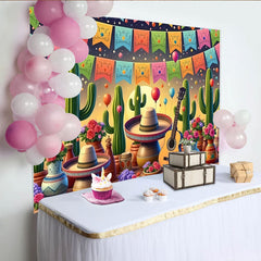 Lofaris Vibrant Mexican Fiesta Backdrop with Cacti and Sombrero, Colorful Balloons and Guitar Party Background