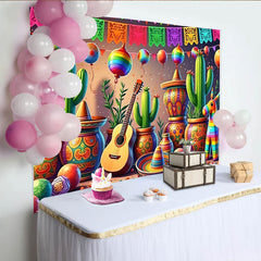 Lofaris Vibrant Mexican Fiesta Backdrop with Cacti, Sombreros, and Guitar, Colorful Party Background for Cinco de Mayo Celebration
