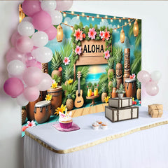 Lofaris Aloha Hawaiian Luau Party Backdrop with Tropical Palm Leaves and Tiki Statues, Summer Beach Sunset Background for Festive Event Decor