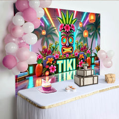 Lofaris Neon Tiki Party Backdrop with Tropical Palm Trees and Flowers, Vibrant Photo Background for Summer Event