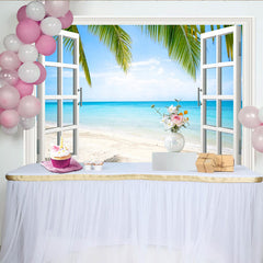 Lofaris Tropical Beach Window View Photography Backdrop, Blue Ocean and Palm Trees Background for Studio Photoshoot