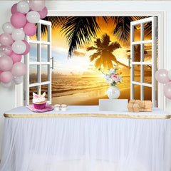 Lofaris White Window Frame Tropical Beach Sunset Photography Backdrop, Scenic Ocean View Background for Studio Photoshoot