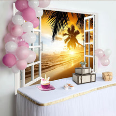 Lofaris White Window Frame Tropical Beach Sunset Photography Backdrop, Scenic Ocean View Background for Studio Photoshoot