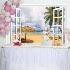 Lofaris White Window Frame Tropical Beach Photography Backdrop, Scenic Ocean View Background for Summer Vacation Photoshoot