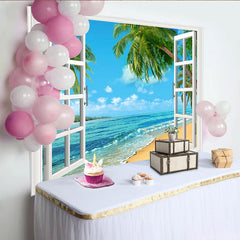 Lofaris Tropical Beach Window Photography Backdrop with Open White Frame, Scenic Ocean View for Studio Photoshoot