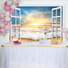 Lofaris Open White Window Beach Photography Backdrop with Golden Sunset Ocean Waves, Scenic Studio Background for Photoshoot