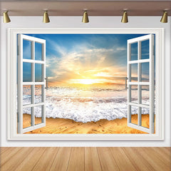 Lofaris Open White Window Beach Photography Backdrop with Golden Sunset Ocean Waves, Scenic Studio Background for Photoshoot