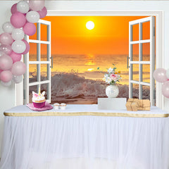 Lofaris White Open Window Ocean Sunset Photography Backdrop with Crashing Waves, Vibrant Seascape Background for Studio Photoshoot