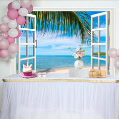 Lofaris White Window View Beach Photography Backdrop with Palm Tree and Blue Ocean, Tropical Summer Background for Studio Photoshoot